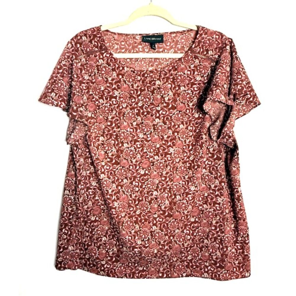 Lane Bryant Floral Ladder Stitch Tulip Short Sleeve Lightweight Top Blouse Sz 18